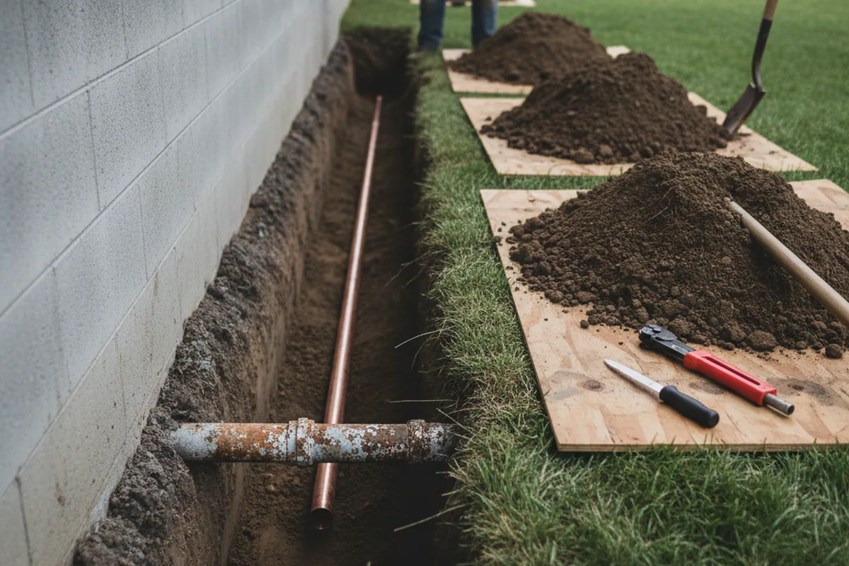Excavated water line trench during Sewer Line Repair in Miami Beach